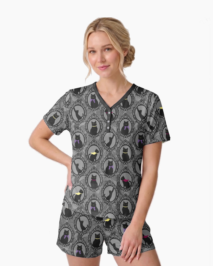 Midnight Cat Parade Bamboo Women Short Sleeve Short Pajama Set
