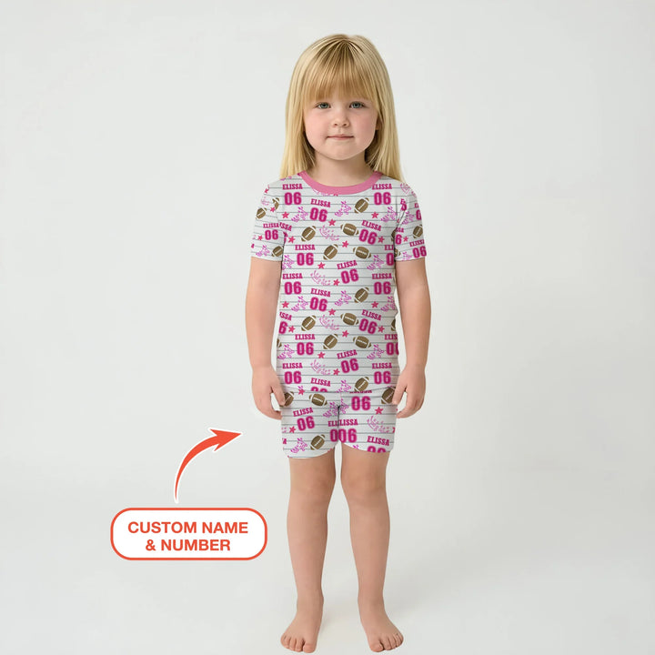 Custom Name Football Time Pink Bamboo Two Piece Short Sleeve Shorts Pajama Set