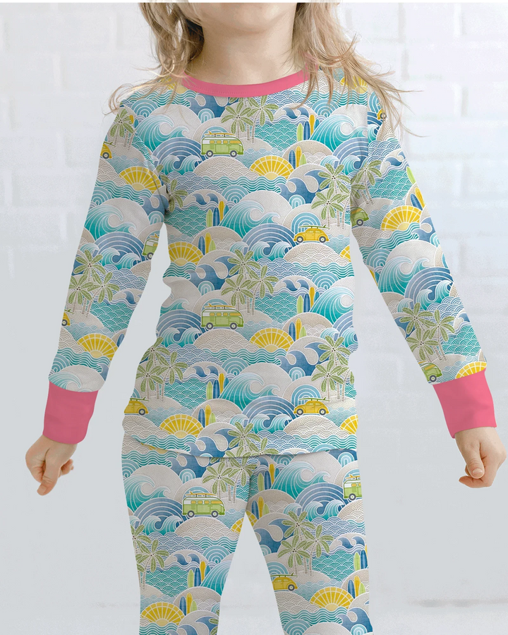 Coastal Road Trip Waves Surf Bamboo Two Piece Long Sleeve Pajama Set