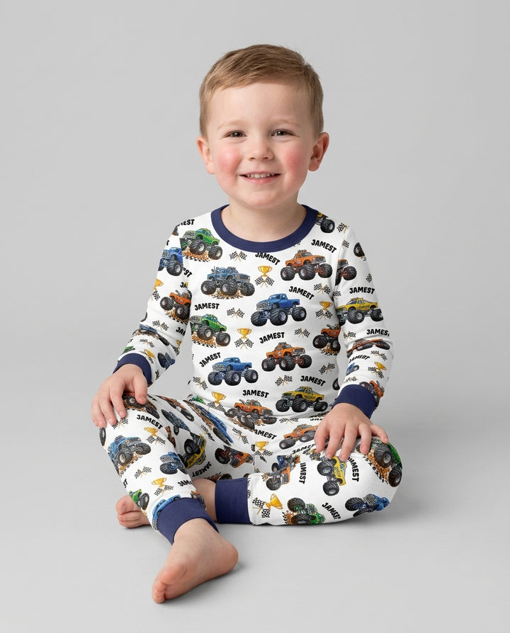 Custom Name Monster Trucks Bamboo Two Piece Long Sleeve Pajama Set