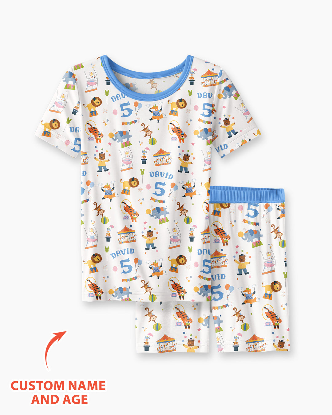 Custom Name Birthday Circus Bamboo Two Piece Short Sleeve Shorts Pajama Set