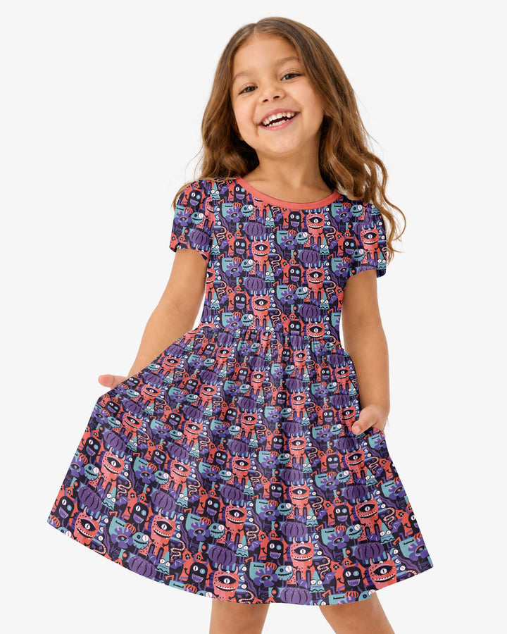 Halloween Multi Eyed Monsters Bamboo Twirl Dress