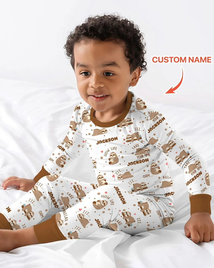 Custom Name Cute Sloth Bamboo Two Piece Long Sleeve Pajama Set