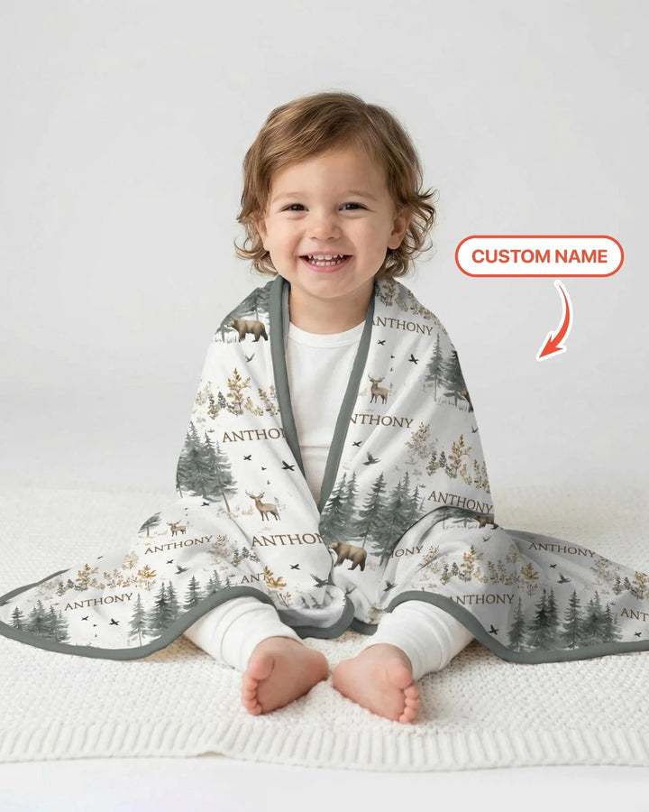 Custom Name Forest Bear Deer Bamboo Blanket