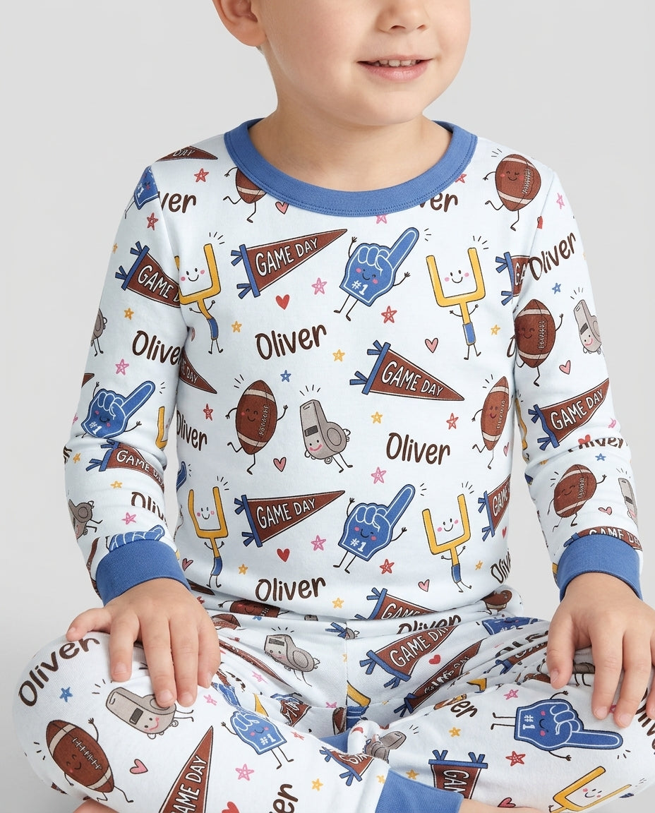 Custom Name Football Game Day Bamboo Two Piece Long Sleeve Pajama Set
