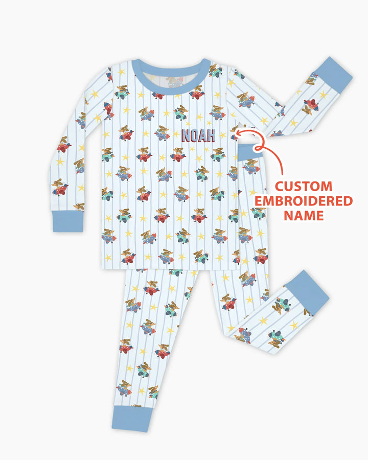 Custom Name Embroidered Dachshund Pilot Bamboo Two Piece Long Sleeve Pajama Set