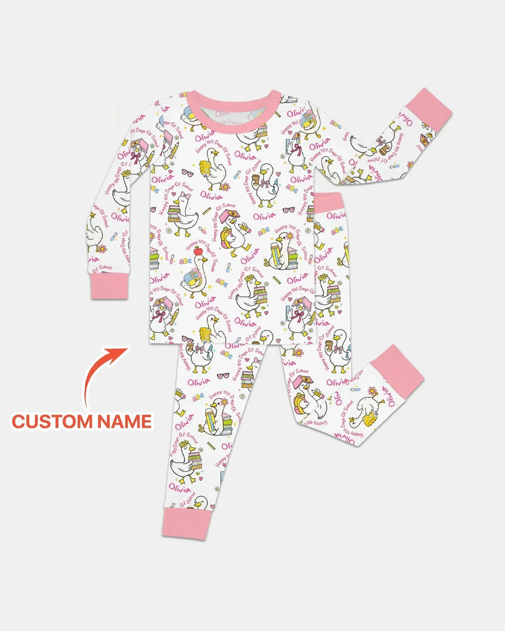 Custom Name Goose Happy 100 Days Of School Bamboo Two Piece Long Sleeve Pajama Set