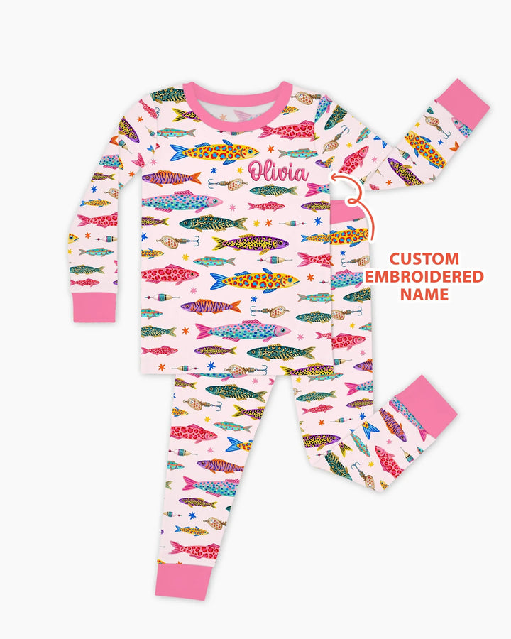 Custom Name Embroidered Colorful Fish Bamboo Two Piece Long Sleeve Pajama Set