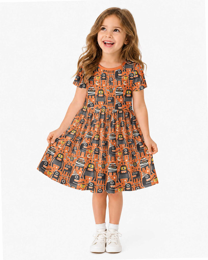 Mid Century Halloween Monster Toss Bamboo Twirl Dress