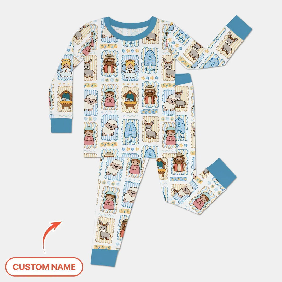 Custom Name Christmas Nativity Bamboo Two Piece Long Sleeve Pajama Set