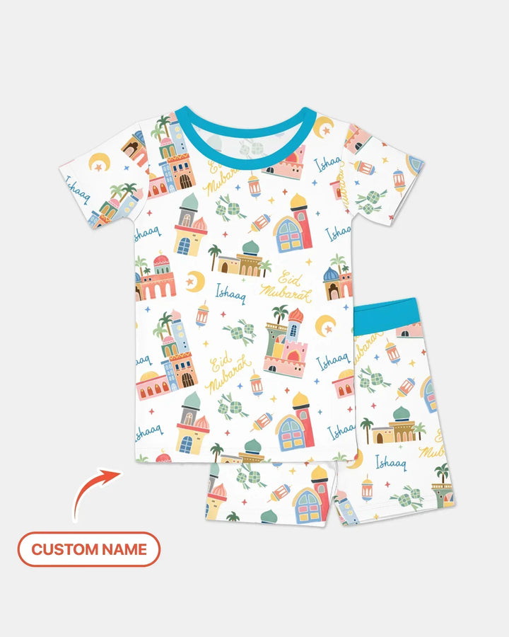 Eid Mubarak Custom Name Bamboo Two Piece Short Sleeve Shorts Pajama Set