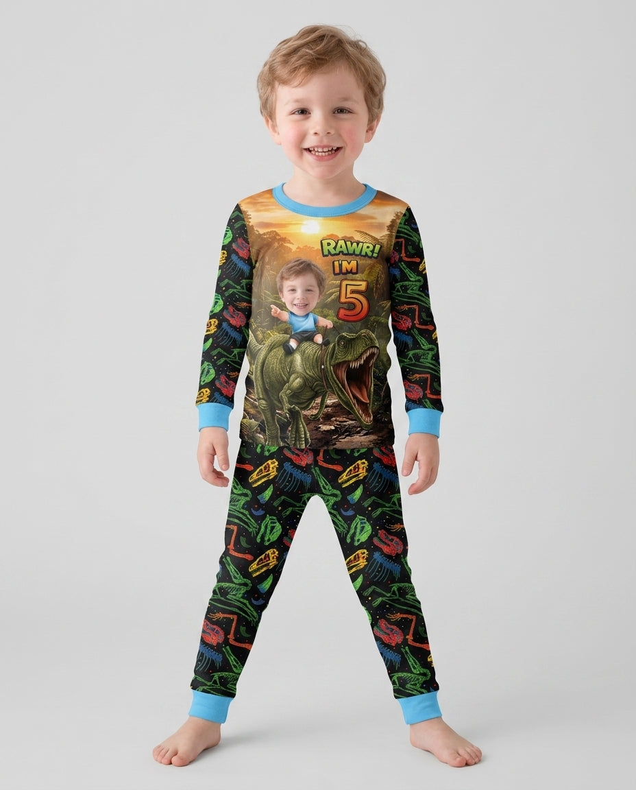 Custom Photo Dino Rawr Birthday Bamboo Two Piece Long Sleeve Pajama Set
