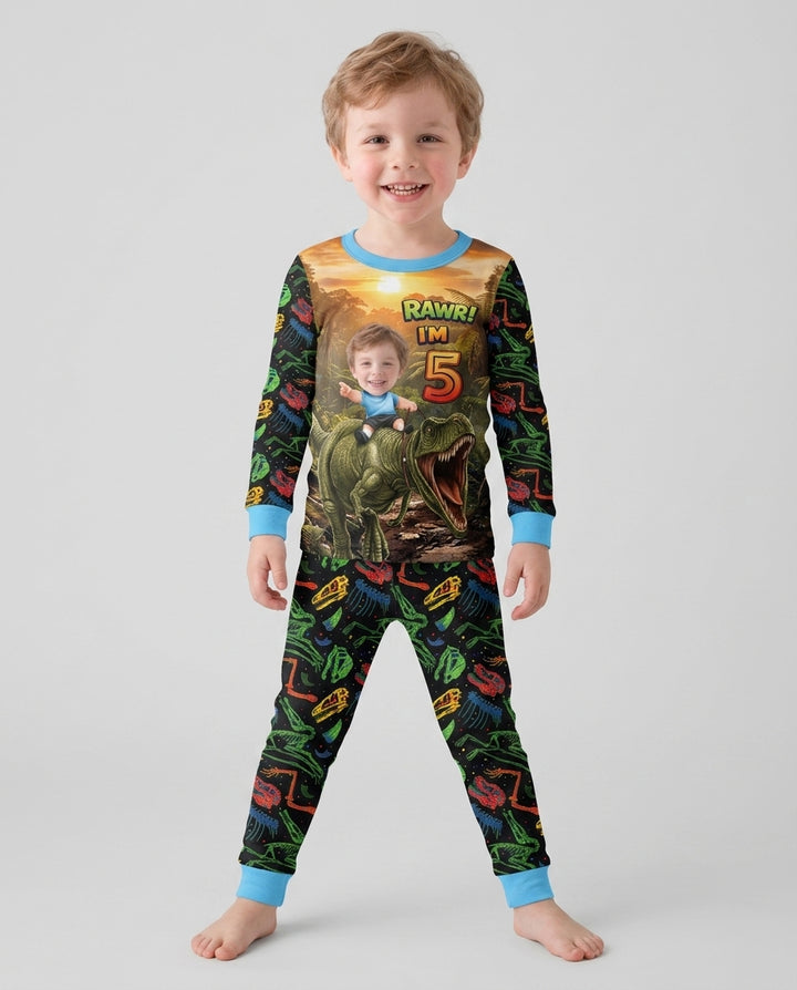 Custom Photo Dino Rawr Birthday Bamboo Two Piece Long Sleeve Pajama Set