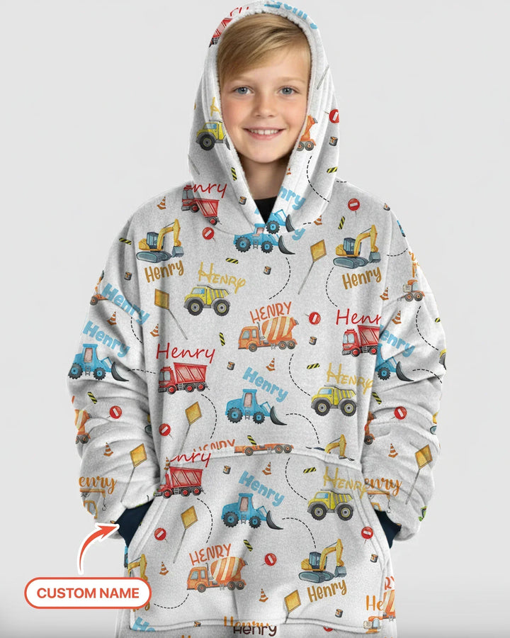 Construction Vehicles Custom Name Bamboo Blanket Hoodie