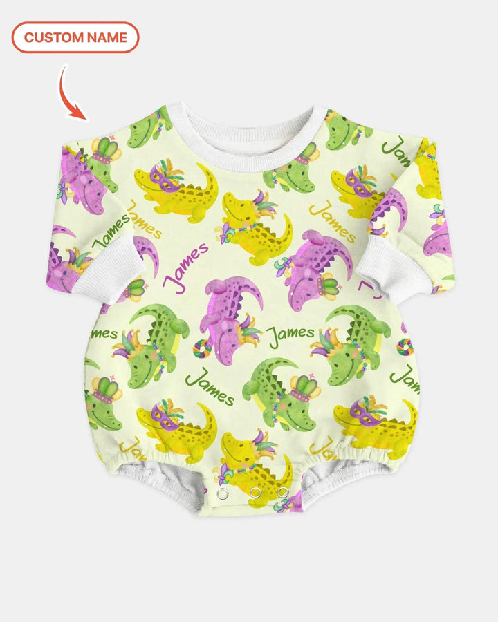 Custom Name Mardi Gras Alligator Bamboo Bubble Romper