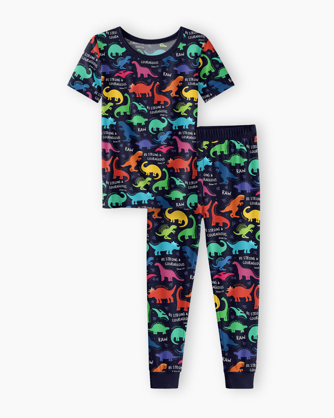 Be Strong and Courageous Dinosaur Christian Bamboo Two Piece Short Sleeve Pajama Set