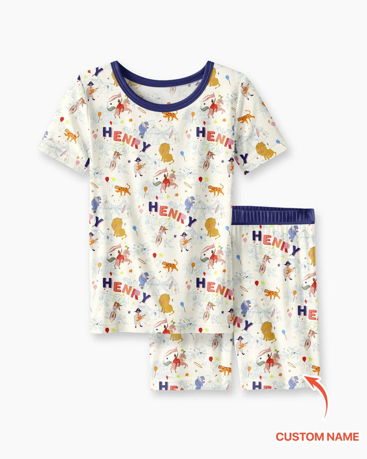 Custom Name Circus Toile Bamboo Two Piece Short Sleeve Shorts Pajama Set