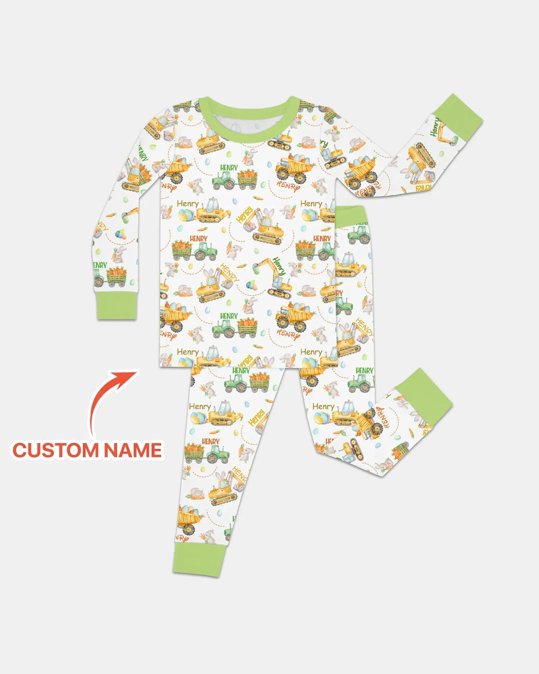 Easter Construction Vehicles Custom Name Bamboo Two Piece Long Sleeve Pajama Set