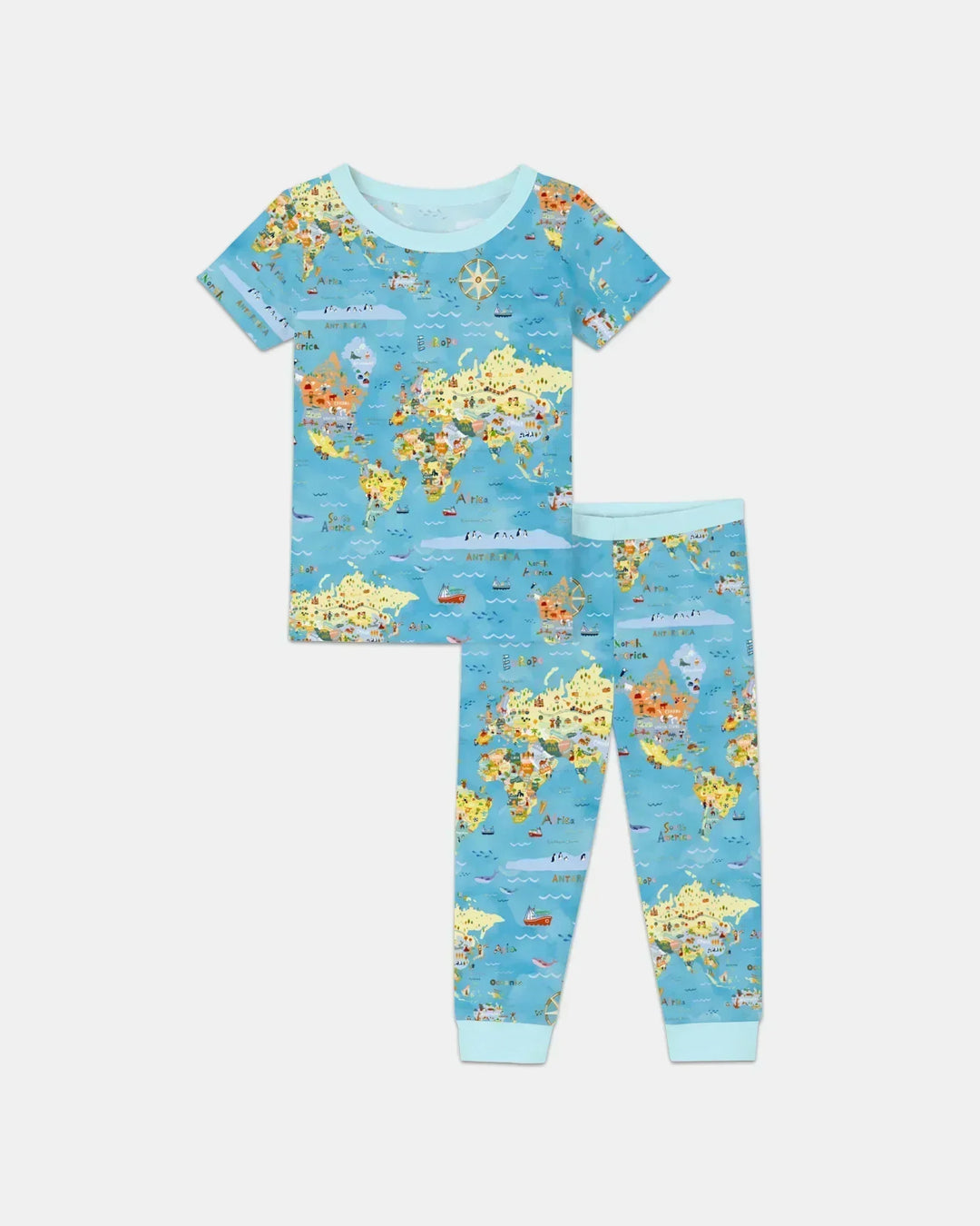 Whimsical World Map Family Matching Bamboo Two Piece Short Sleeve Pajama Set