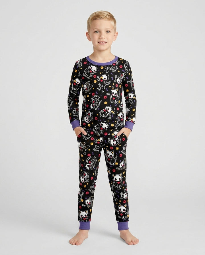 Kawaii Skeleton Pets Bamboo Two Piece Long Sleeve Pajama Set