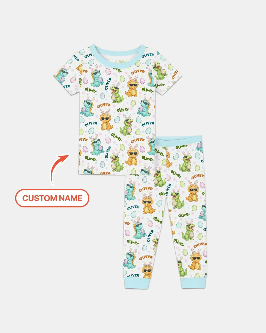 Custom Name Dinosaur on the Hunt Bamboo Two Piece Short Sleeve Pajama Set