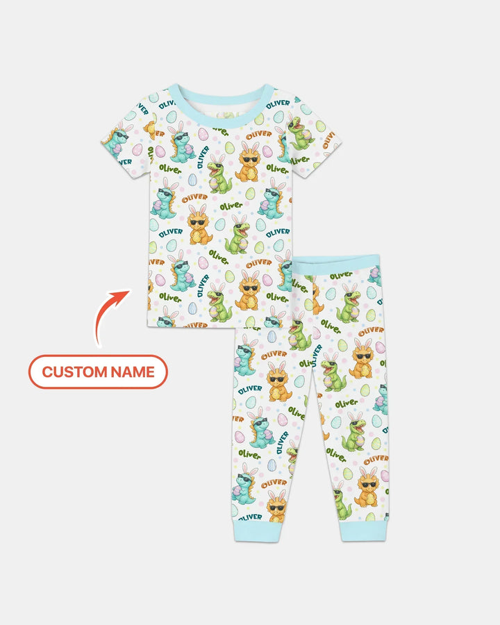 Custom Name Dinosaur on the Hunt Bamboo Two Piece Short Sleeve Pajama Set
