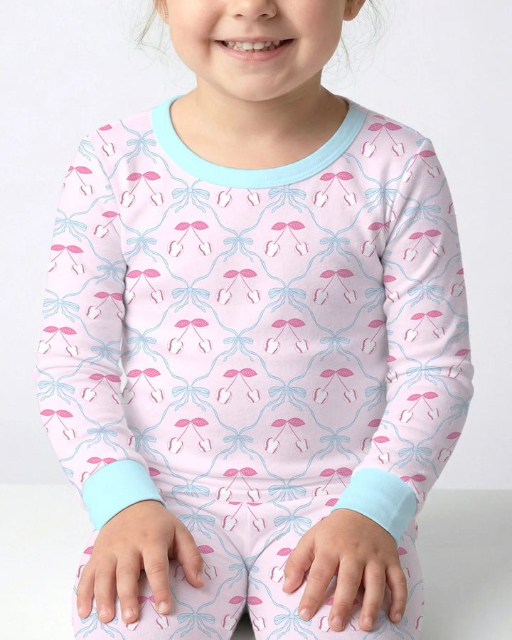 Cherry Baseball Softball Mom and Girl Matching Bamboo Two Piece Long Sleeve Pajama Set