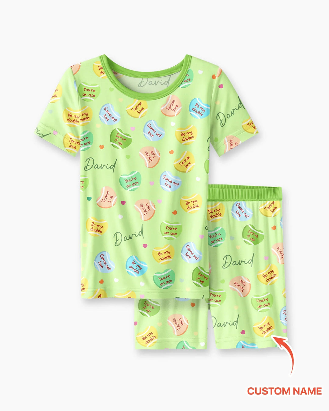Custom Name Tennis Candy Hearts Bamboo Two Piece Short Sleeve Shorts Pajama Set