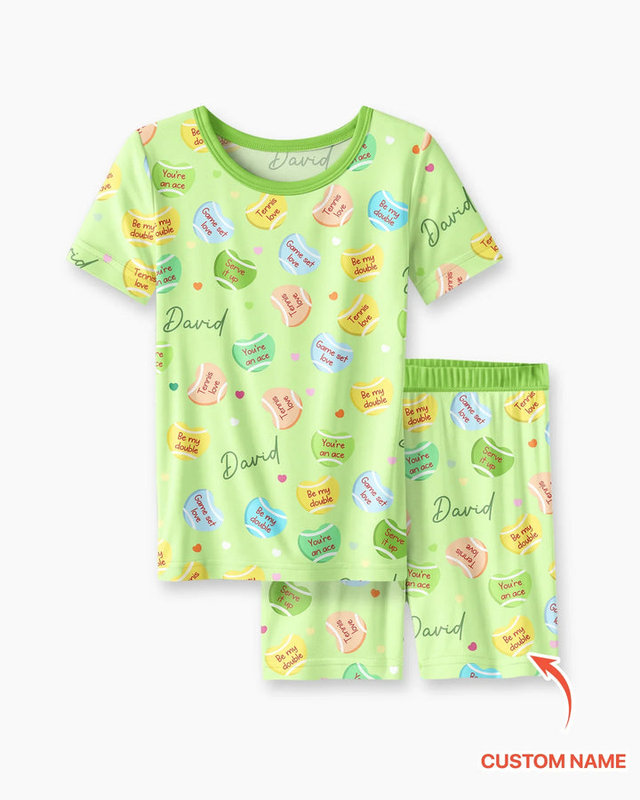 Custom Name Tennis Candy Hearts Bamboo Two Piece Short Sleeve Shorts Pajama Set