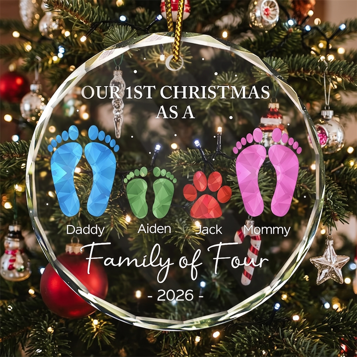 First Christmas As A Family Of Four Footprints Glass Ornament