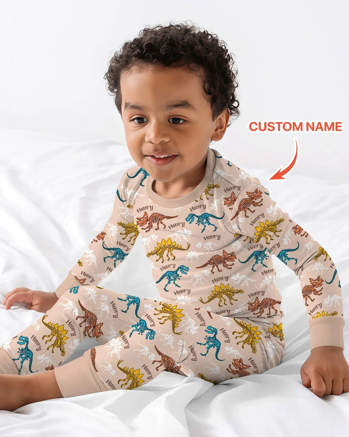 Dino Bones Parade Custom Name Bamboo Two Piece Long Sleeve Pajama Set