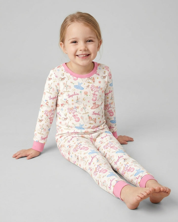 Ballerina Birthday Girl Custom Name & Age Bamboo Two Piece Long Sleeve Pajama Set