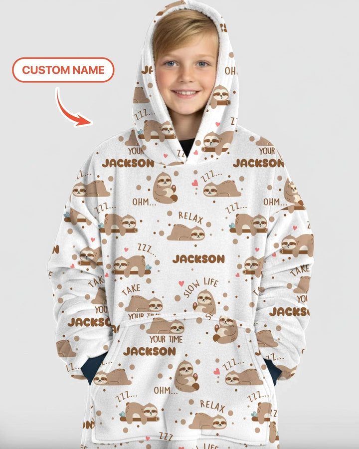 Custom Name Cute Sloth Bamboo Blanket Hoodie