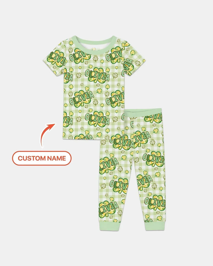 Lucky Shamrock Custom Name Bamboo Two Piece Short Sleeve Pajama Set