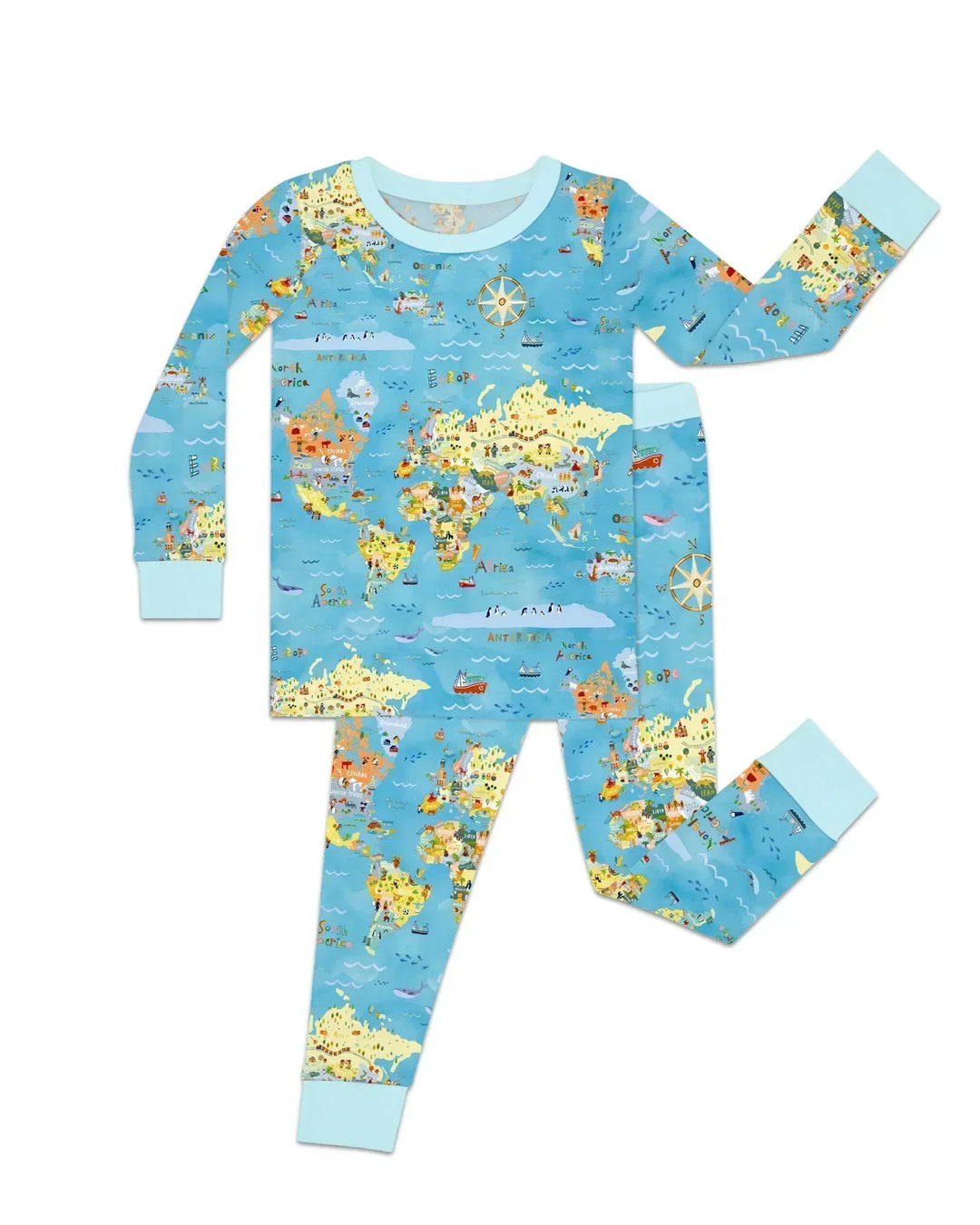 Whimsical World Map Family Matching Bamboo Two Piece Long Sleeve Pajama Set