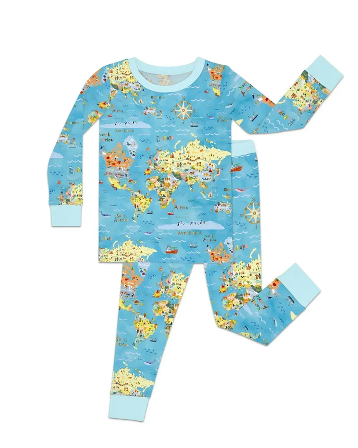 Whimsical World Map Family Matching Bamboo Two Piece Long Sleeve Pajama Set