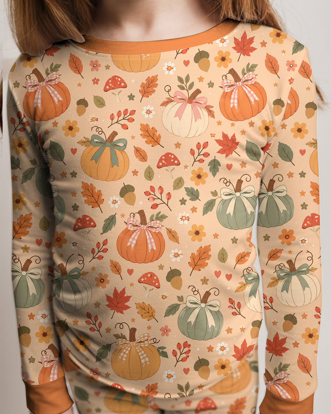 Pastel Pumpkin Bow Fall Bamboo Two Piece Long Sleeve Pajama Set
