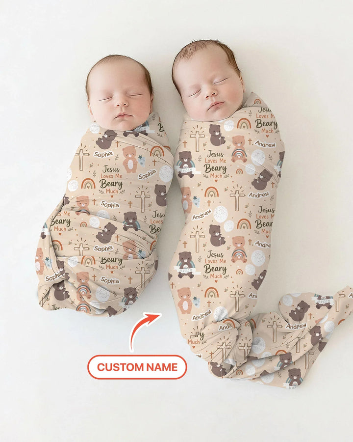 Custom Name Jesus Loves Me Beary Much Swaddle Blanket