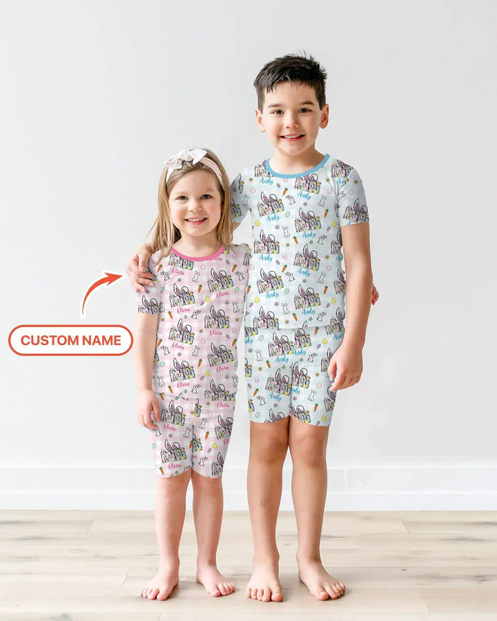 Custom Name Easter Family Matching Bamboo Two Piece Short Sleeve Shorts Pajama Set