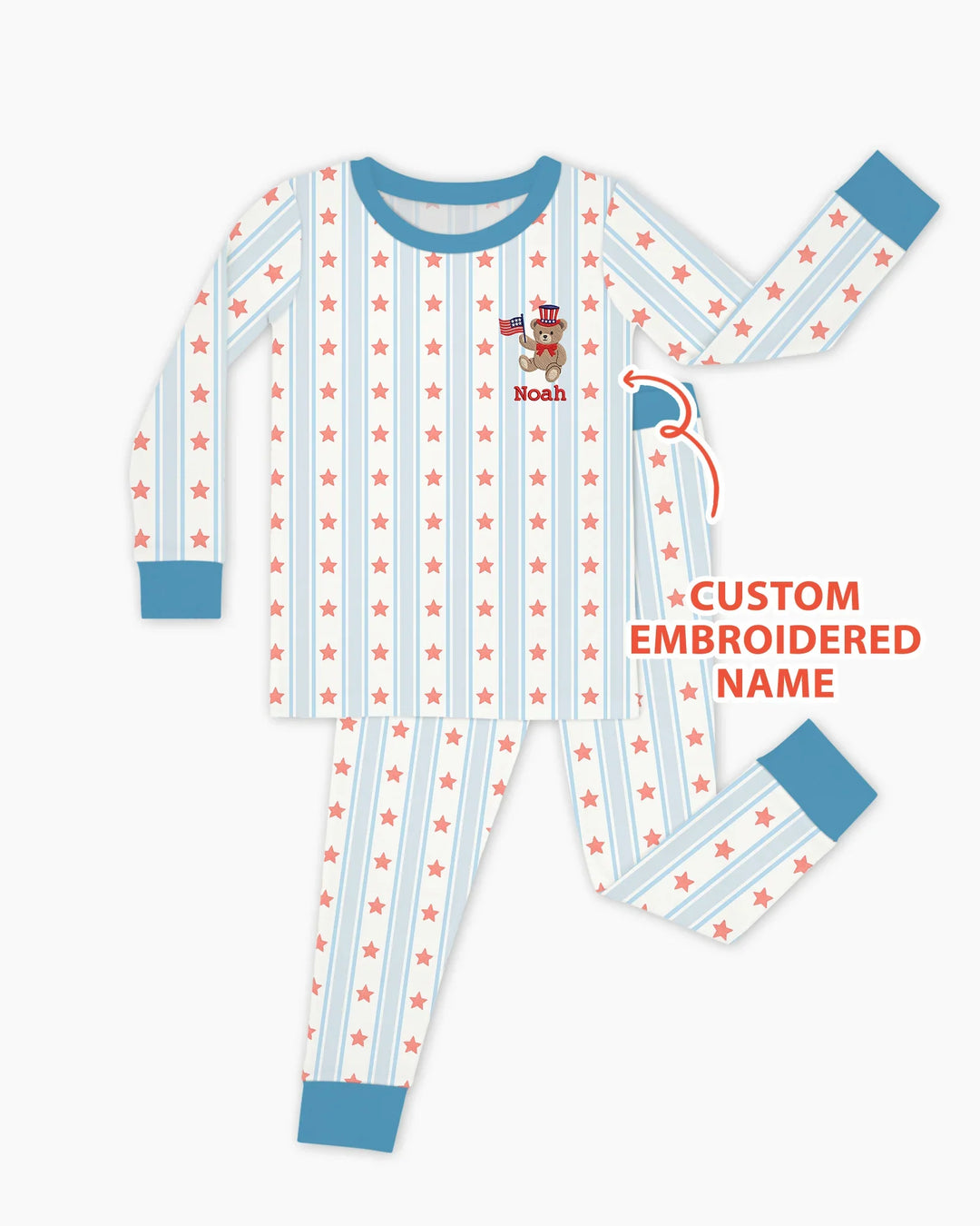 Custom Name Embroidered First 4th Of July Baby Bamboo Two Piece Long Sleeve Pajama Set