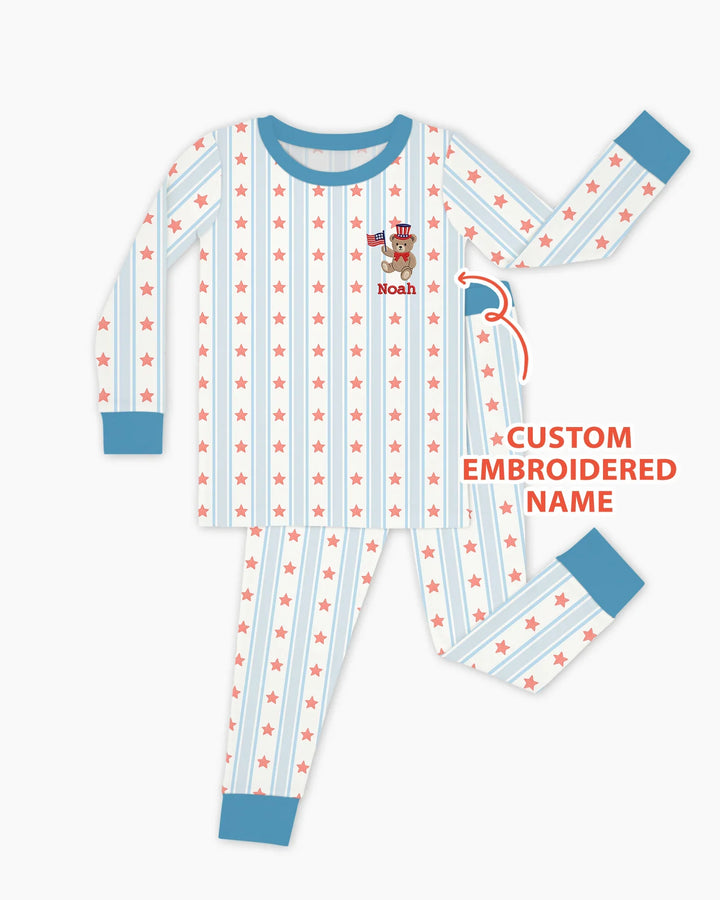 Custom Name Embroidered First 4th Of July Baby Bamboo Two Piece Long Sleeve Pajama Set