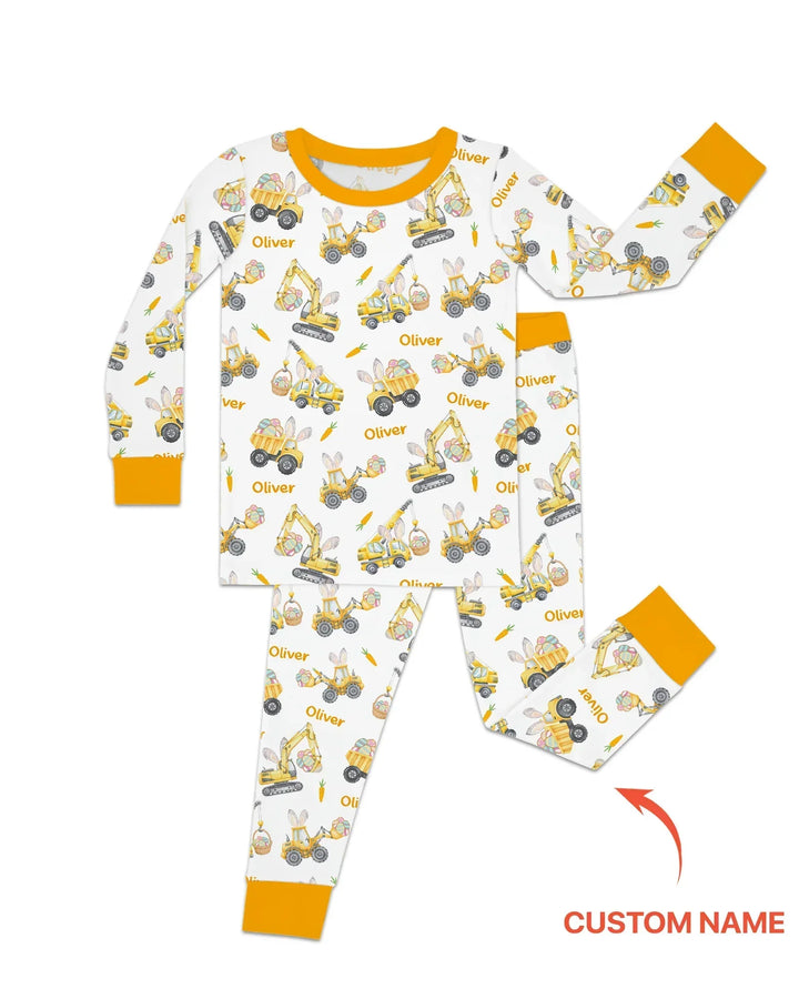 Custom name Eggs-cavator Construction Bamboo Two Piece Long Sleeve Pajama Set