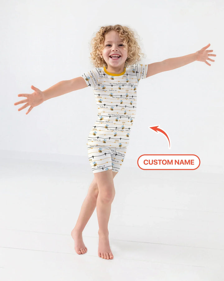 Bee Strong And Courageous Custom Name Bamboo Two Piece Short Sleeve Shorts Pajama Set