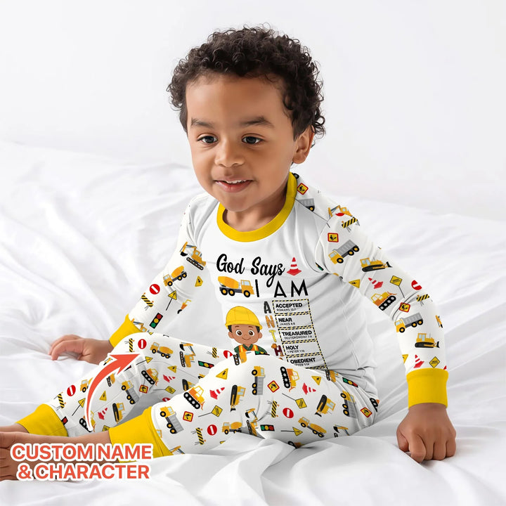 Custom Name God Says I Am Little Builder Letter in Bible Bamboo Two Piece Long Sleeve Pajama Set