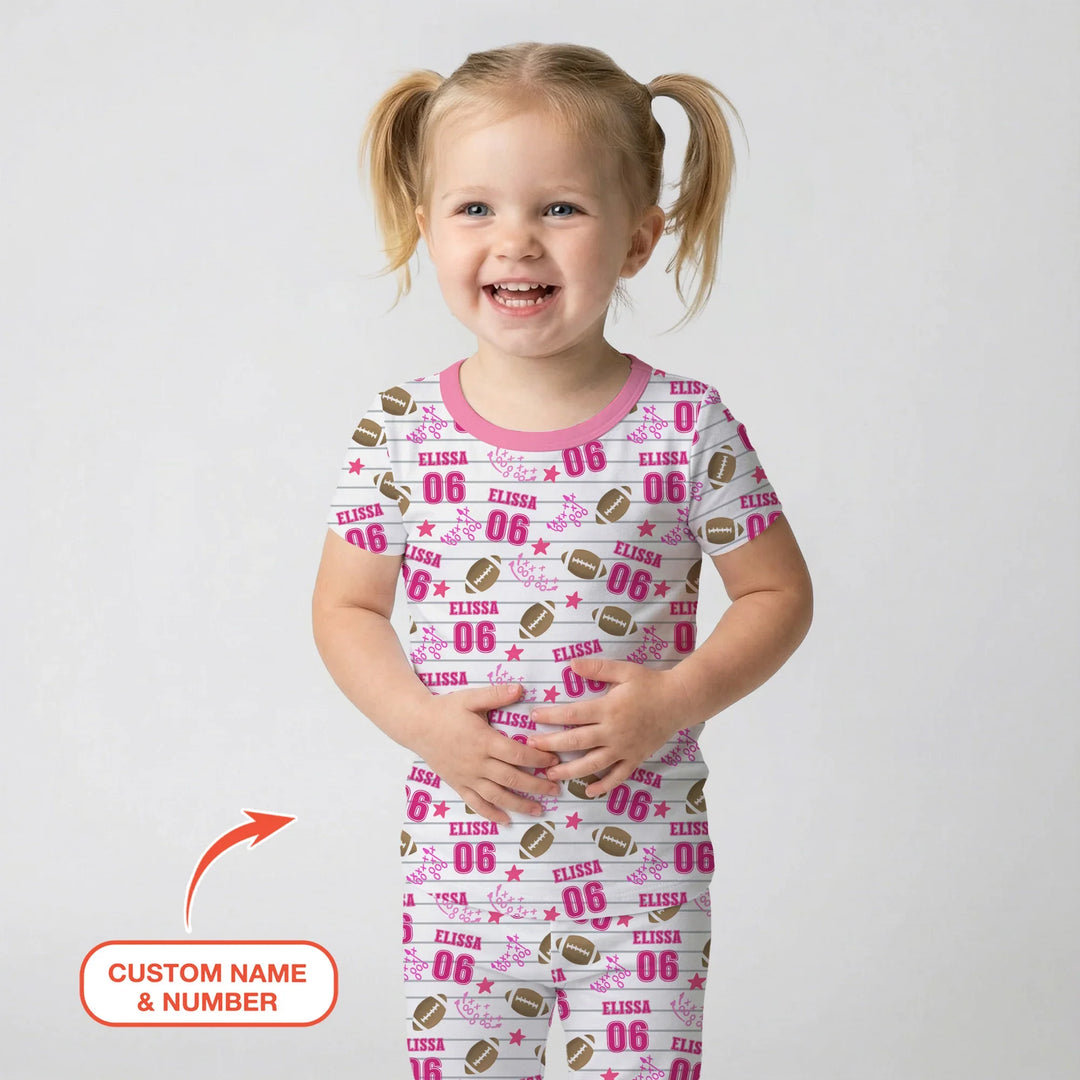 Custom Name Football Time Pink Bamboo Two Piece Short Sleeve Pajama Set