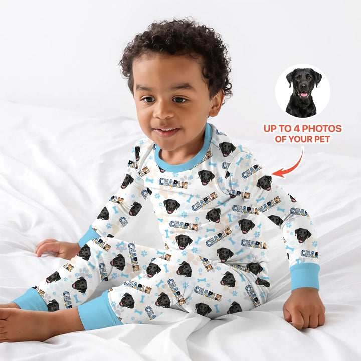 Custom Name Doodle Letters Blue Dog Bamboo Two Piece Long Sleeve Pajama Set