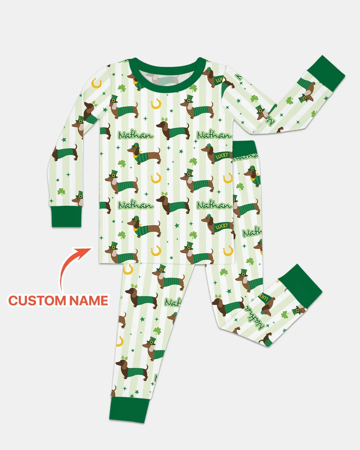 Lucky Dachshunds St. Patrick's Day Family Matching Bamboo Two Piece Long Sleeve Pajama Set