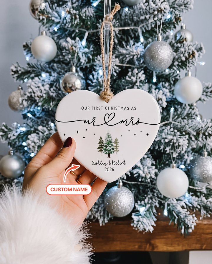 Custom Name First Christmas Mr & Mrs Heart-shaped Ceramic Ornament