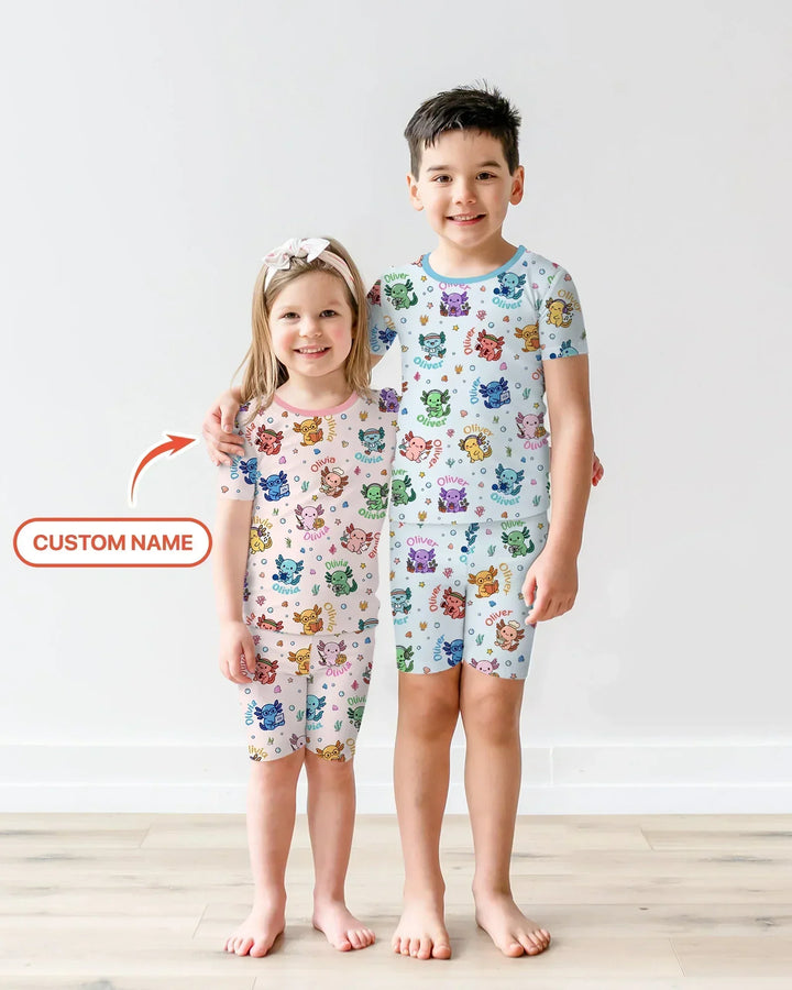 Custom Name Cute Hobby Axolotl Bamboo Two Piece Short Sleeve Pajama Set