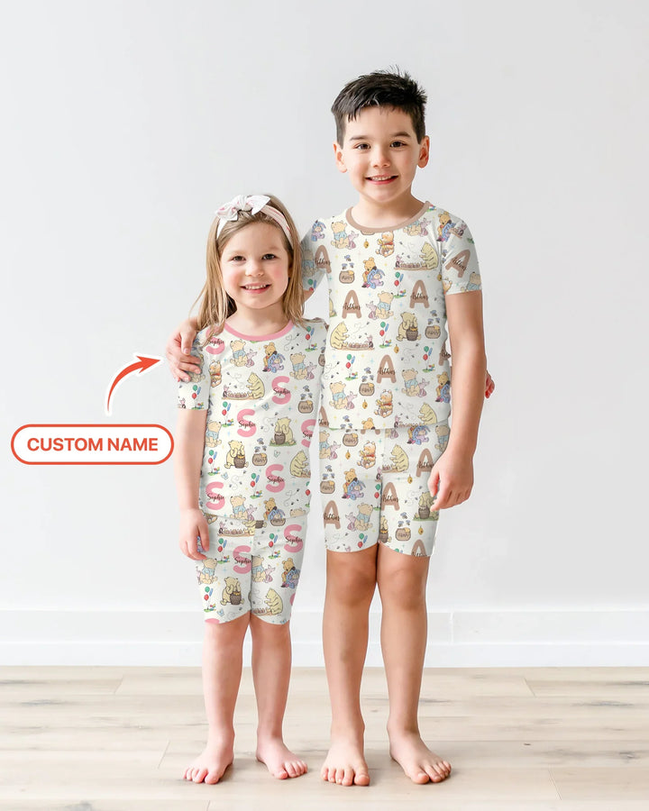 Honey Bear Monogram Bamboo Two Piece Short Sleeve Shorts Pajama Set
